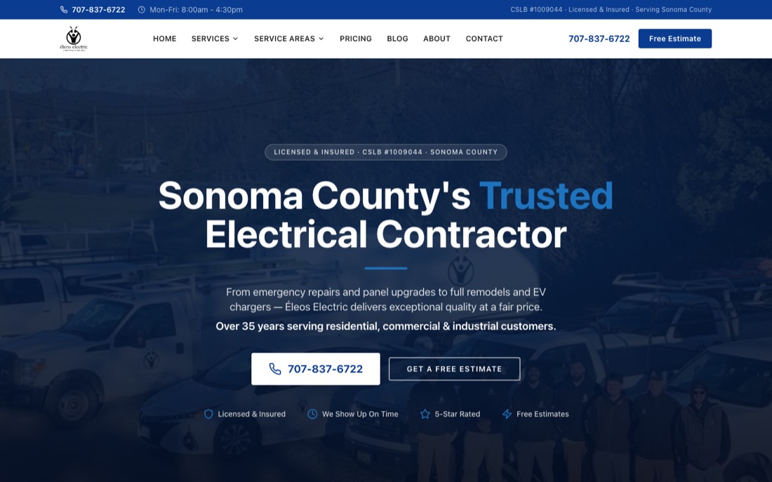Éleos Electric website homepage
