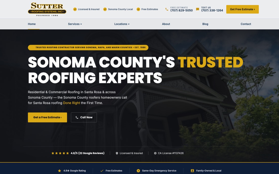 Sutter Roofing Systems website homepage
